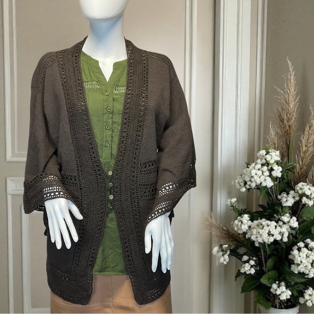 Chico's Womens Size 2 (Large) Open Front Crochet Trim Dark Brown Knit Sweater